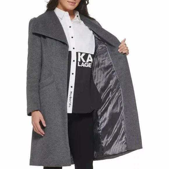 Karl Lagerfeld Paris Puff-Sleeve Belted Coat In Jacket (Grey, Medium) - Picture 2 of 3